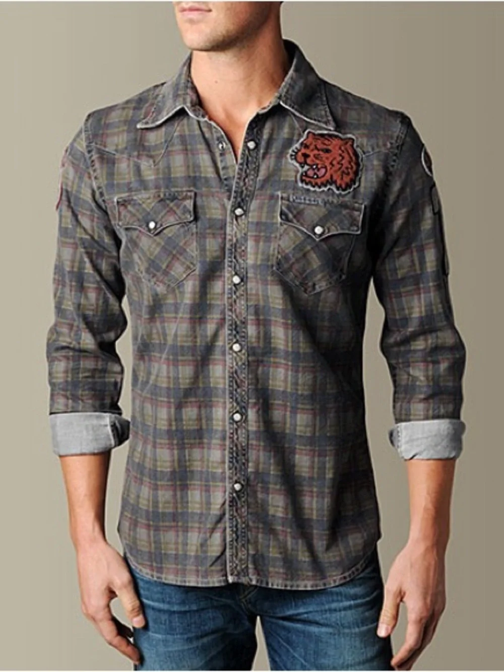 True Religion Football Plaid Pearl Button Shirt